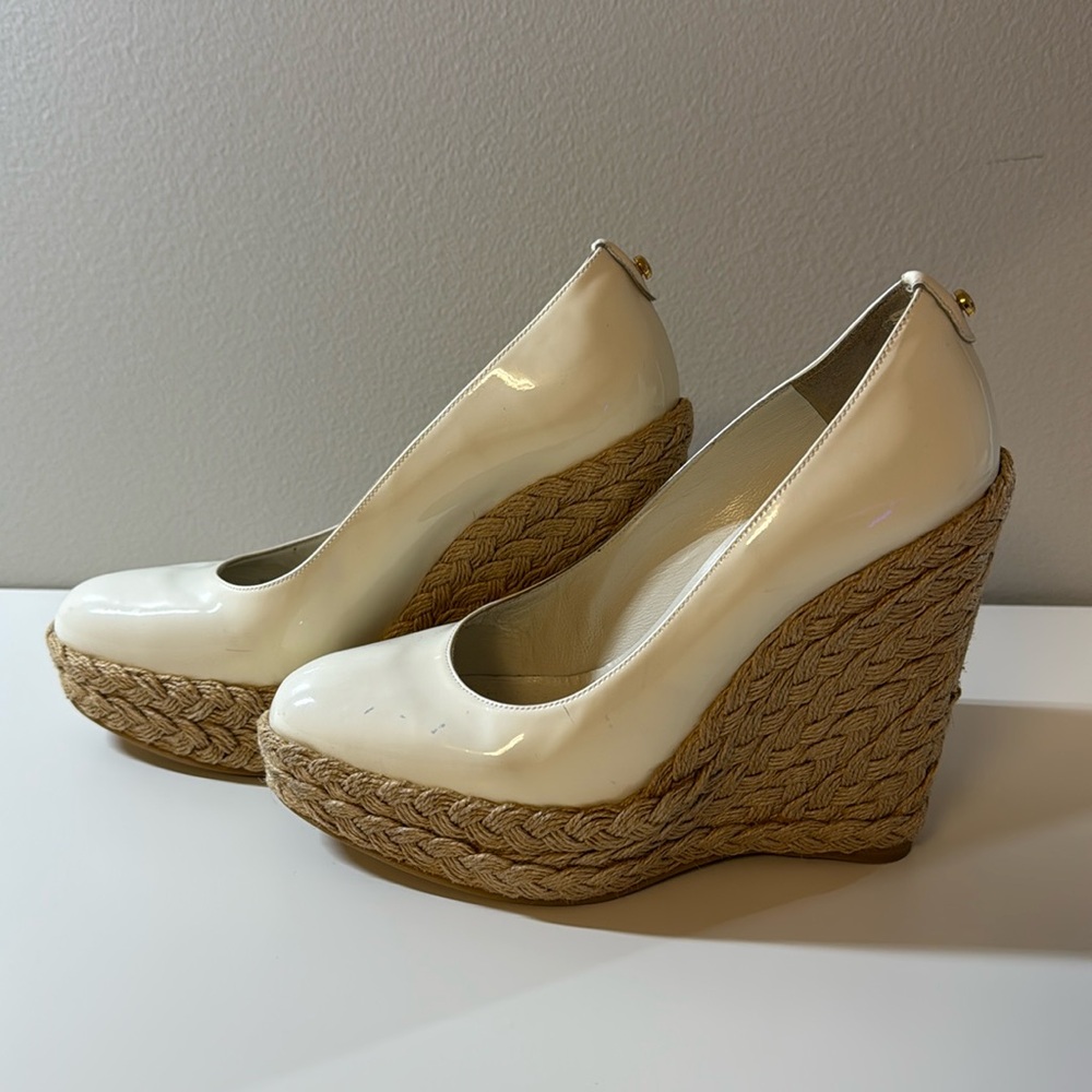 White Patent Leather Stuart Weitzman Platform Espadrilles - 6.5